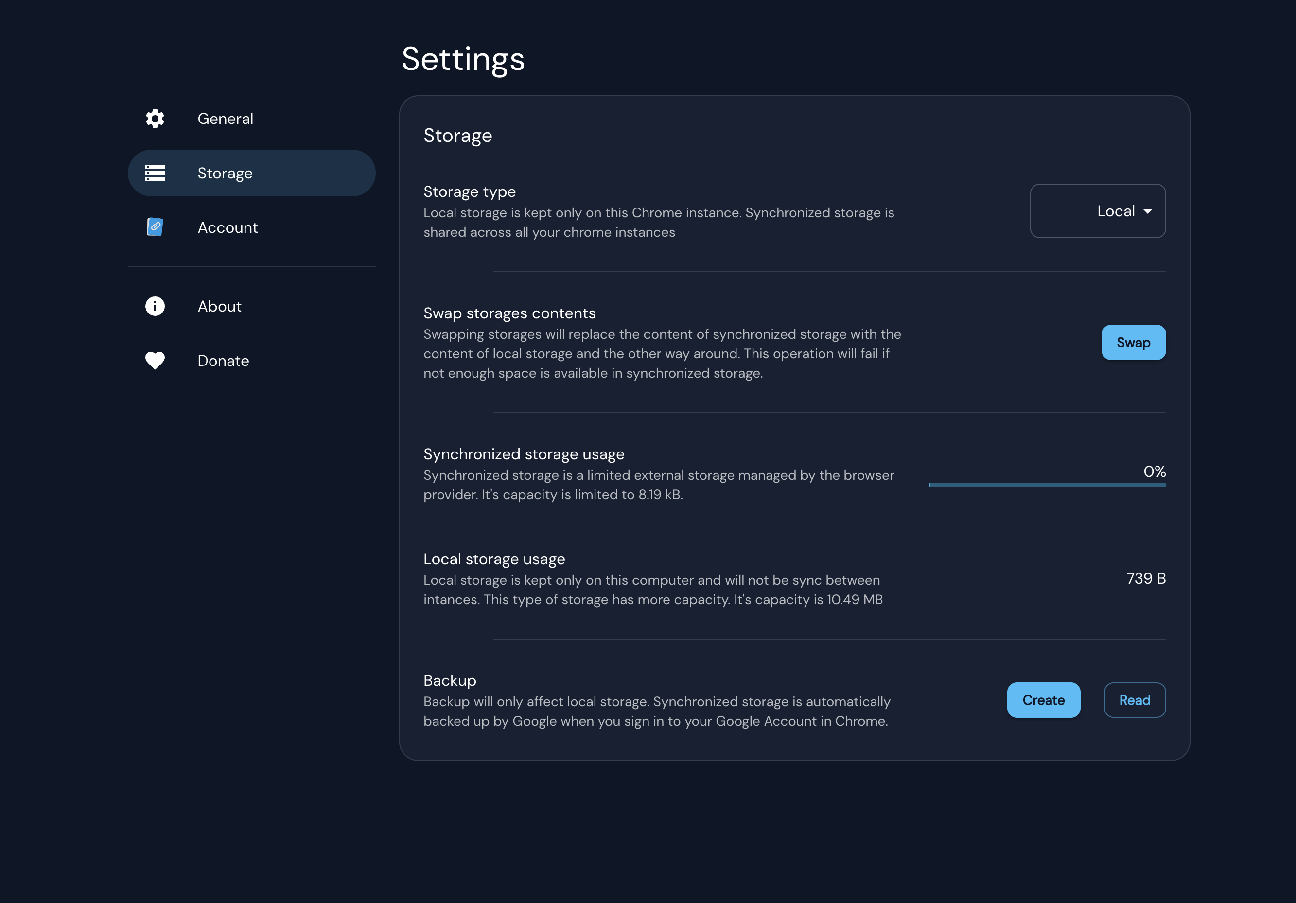 The settings panel with the Storage section highlighted in the left menu