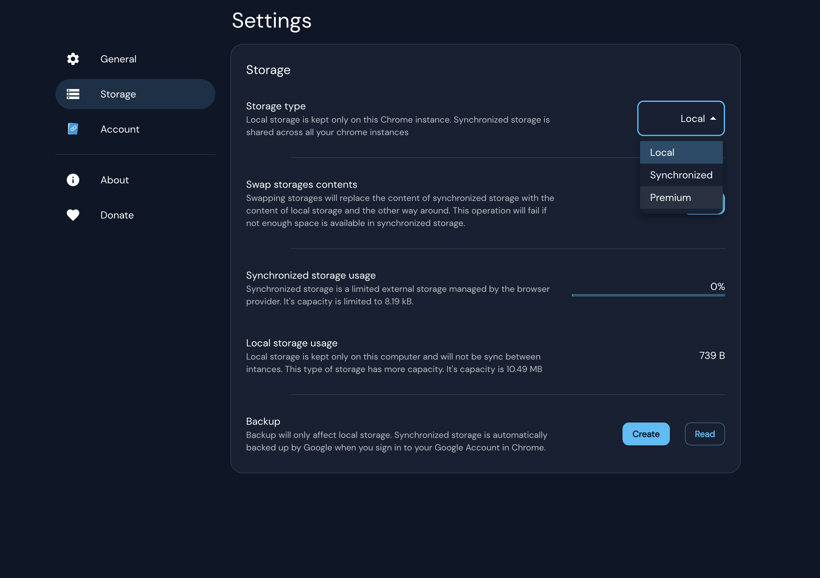 The storage type selector with Premium highlighted